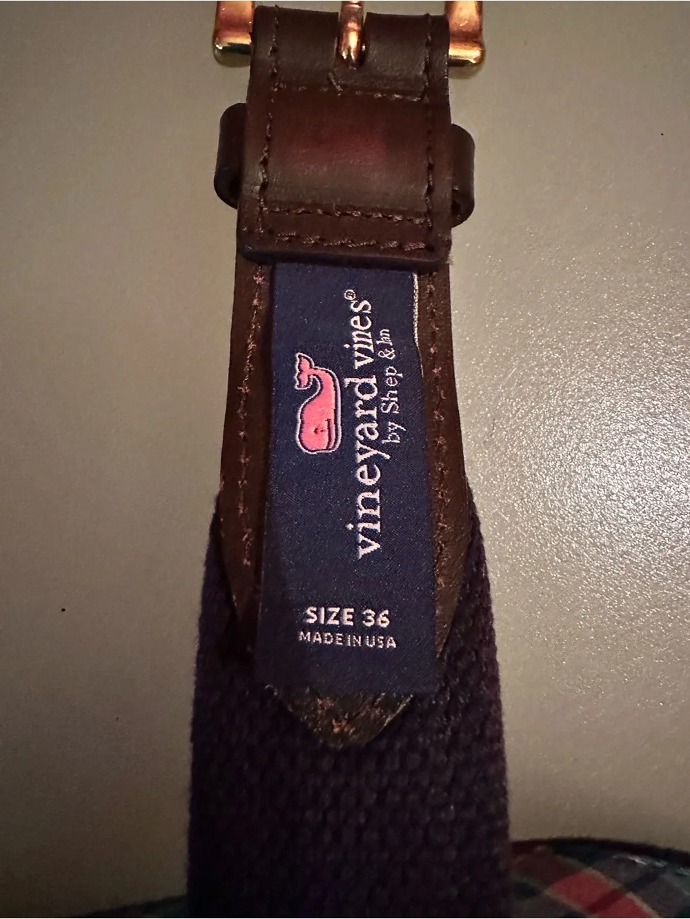 Vineyard Vines Multicolor Plaid Webbing Belt with Brown Leather Trim